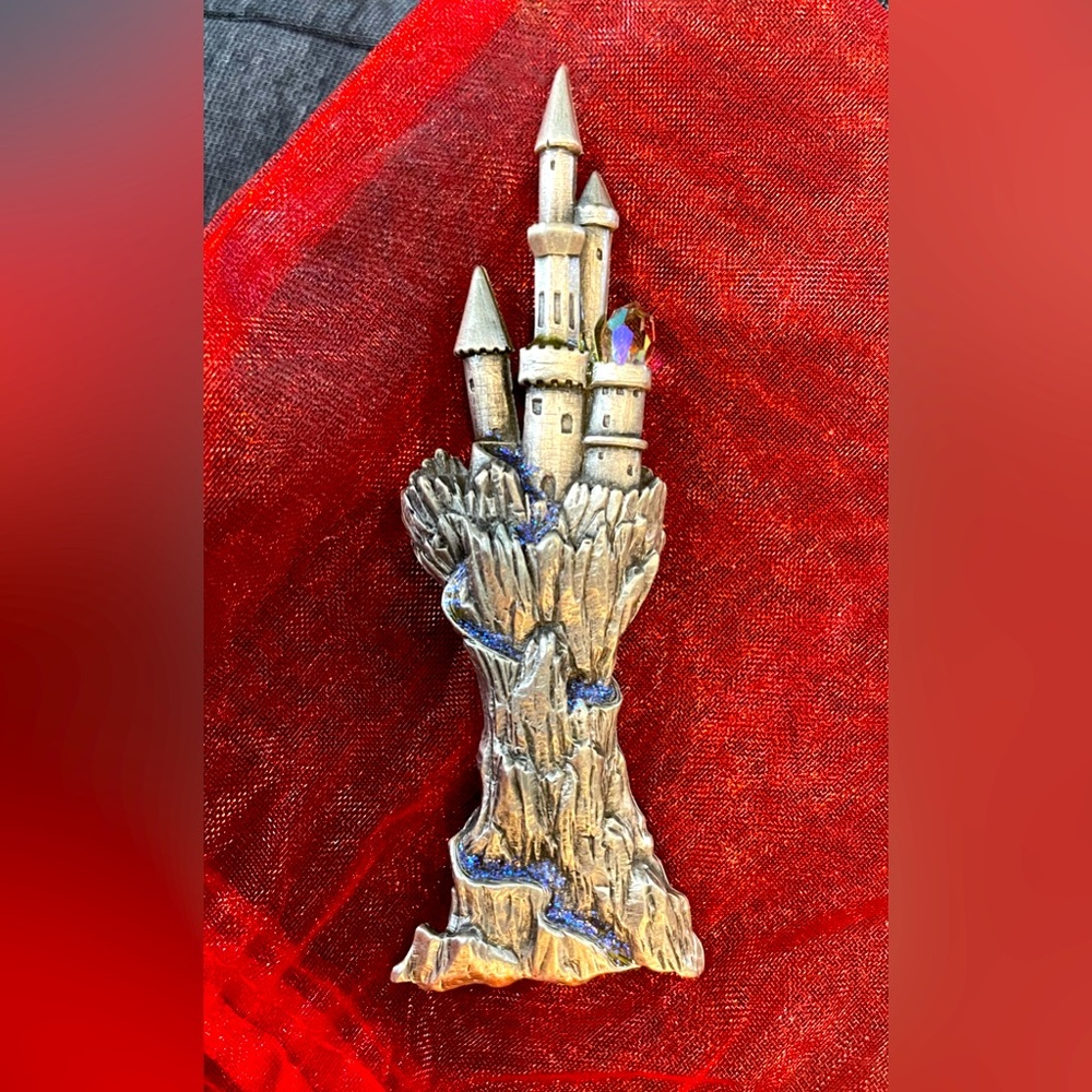 JJ Pewter Castle pin/brooch, with crystal and glitter enamel. Vintage.